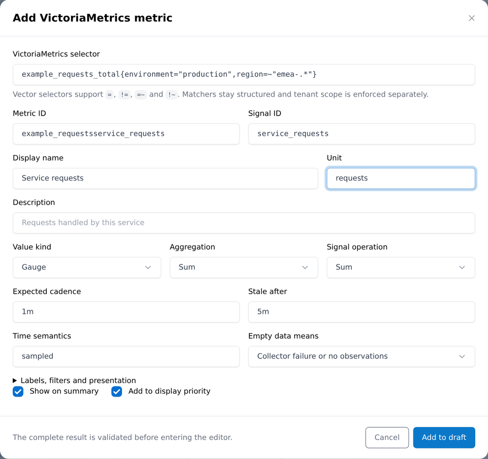 Metric wizard dialog with a VictoriaMetrics selector, matcher operators and presentation options